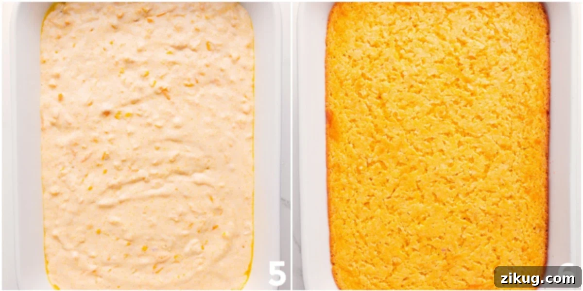 The Best Side Dish Recipe: Corn Pudding Casserole The smooth, unbaked corn pudding casserole mixture is perfectly poured into a clear 9x13 inch glass baking dish, sitting on a wire rack, patiently awaiting its transformation in the oven to a golden, comforting side dish.