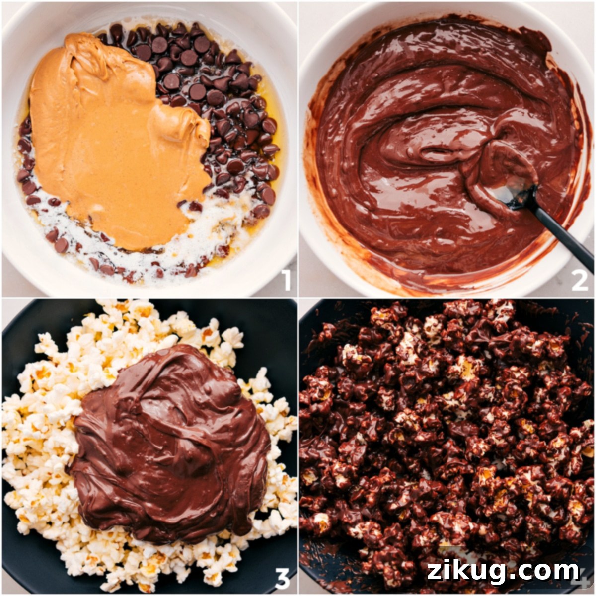 The visual process of melting together peanut butter, chocolate, and butter, then gently pouring this rich mixture over popcorn to create Popcorn Puppy Chow.