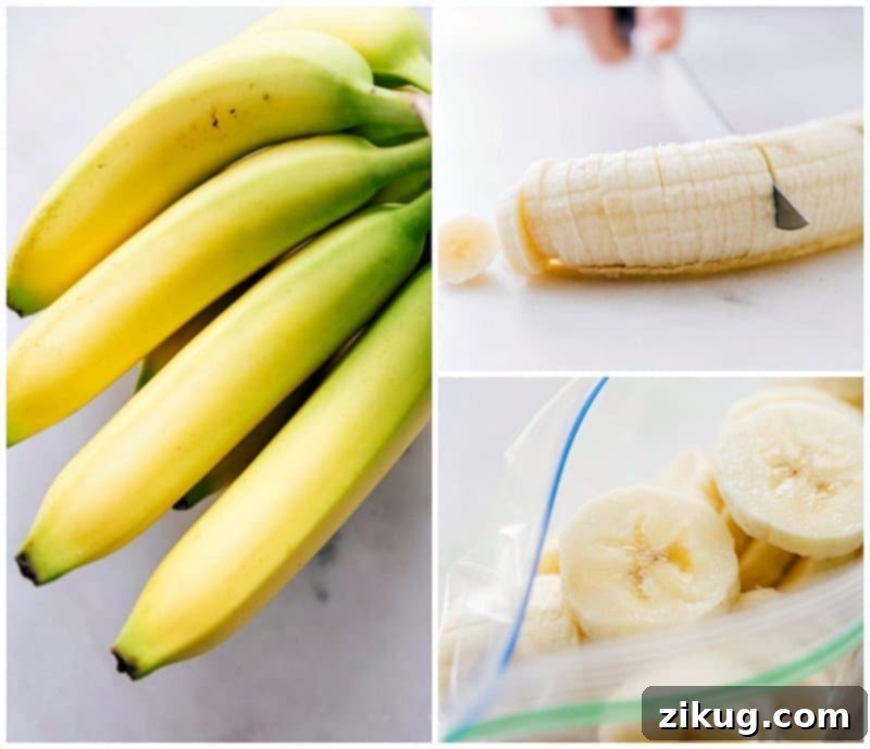 Preparation for the perfect Strawberry Banana Smoothie begins with freezing ripe banana slices overnight. This simple step is key to achieving that desirable thick, creamy, and ice-free smoothie texture. Only five ingredients are needed for this healthy, quick, and easy recipe. Process shot showing sliced bananas being placed into a freezer bag for future smoothie preparation.