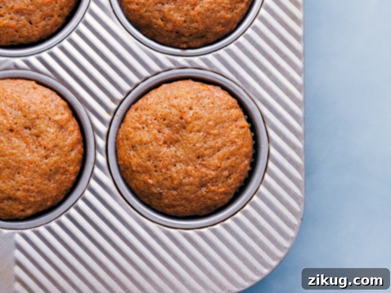 These easy Carrot Cake Cupcakes are moist, tender, and delicious! Recipe via chelseasmessyapron #dessert #best #quick #easy #simple #bakery #creamcheese #frosting #easter #carrotcake #cupcakes Freshly baked Carrot Cake Cupcakes in a muffin pan, cooling.