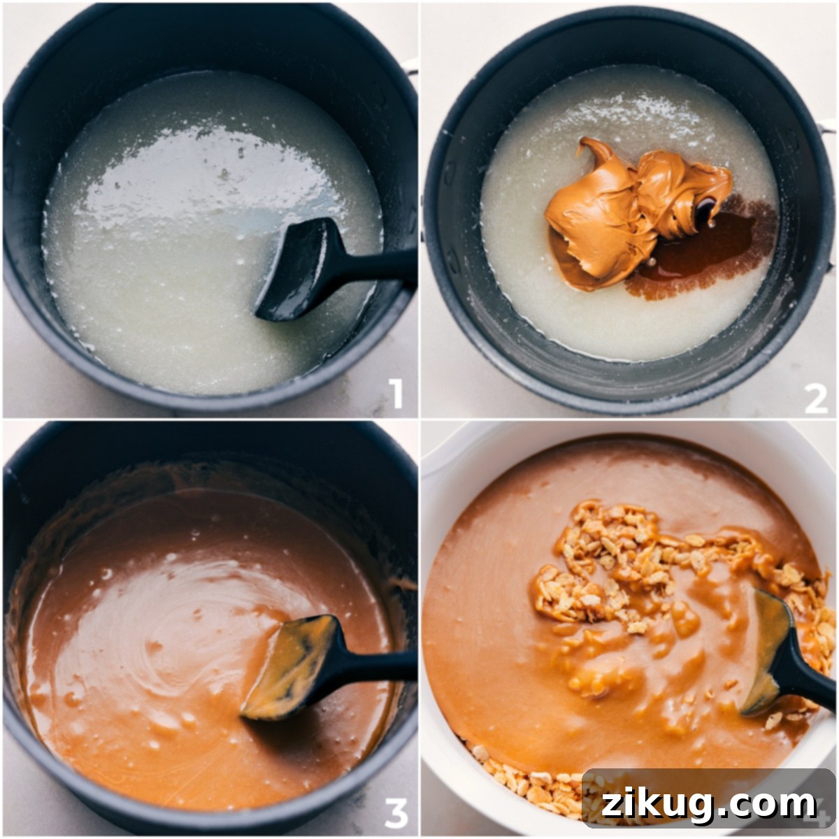 The Best Scotcheroos Recipe The process of adding corn syrup, peanut butter, and vanilla to a pot, melting them together, and then pouring the mixture over crispy cereal.