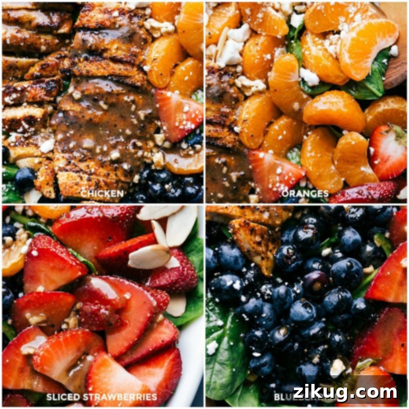 Detailing the Salad: Close-Up Shots of Dressed Chicken, Oranges, Strawberries, and Blueberries The chicken, oranges, strawberries, and blueberries, all beautifully dressed.