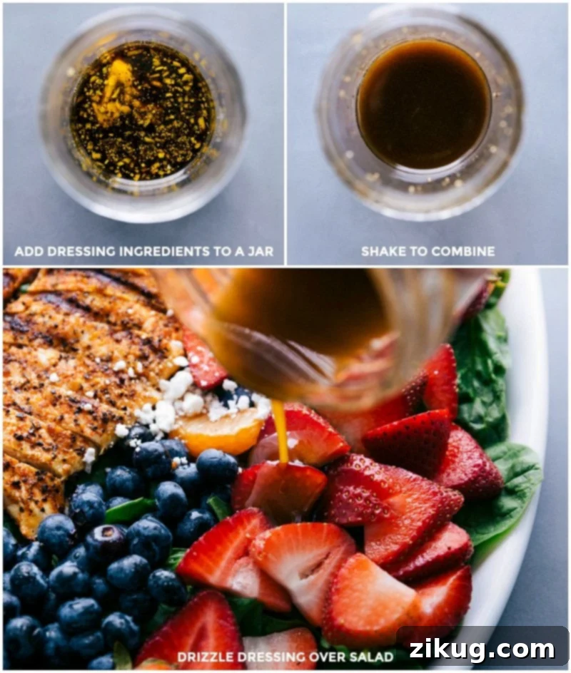 Crafting Balsamic Vinaigrette: From Jar Mixing to Salad Drizzling Preparation of balsamic vinaigrette: Ingredients added to a jar, shaken to combine, and drizzled over the fresh fruit and greens.