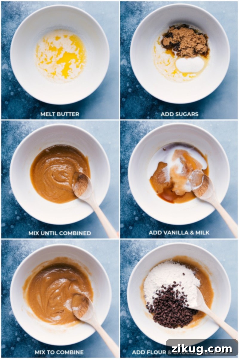 Preparing Edible Cookie Dough for Cups Process shots showing ingredients for edible cookie dough being mixed in a bowl.