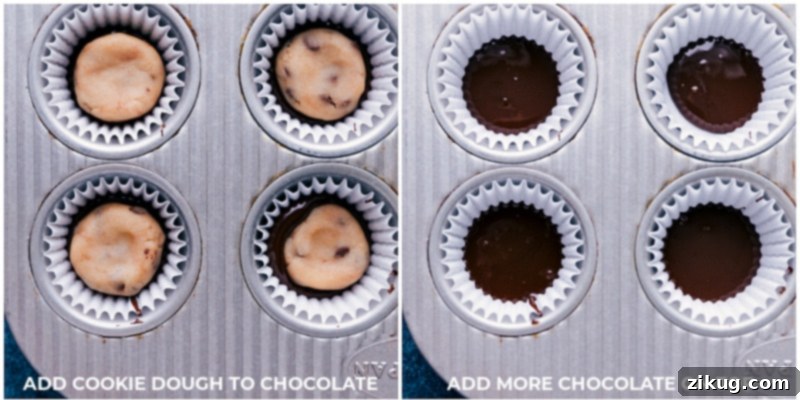 Layering Chocolate and Cookie Dough Step-by-step process of making Cookie Dough Cups: melted chocolate layered in a mini muffin tin, followed by cookie dough, and then topped with more chocolate.