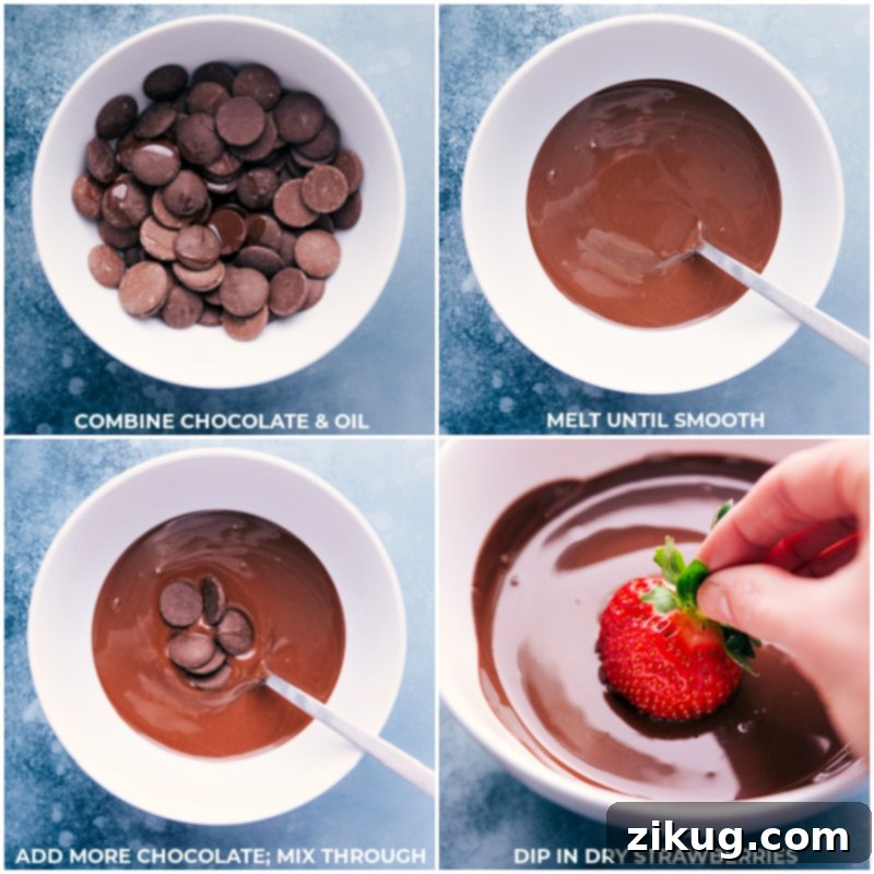 Process shots of preparing chocolate covered strawberries, showing chocolate melting and strawberries being dipped for a perfect coating.