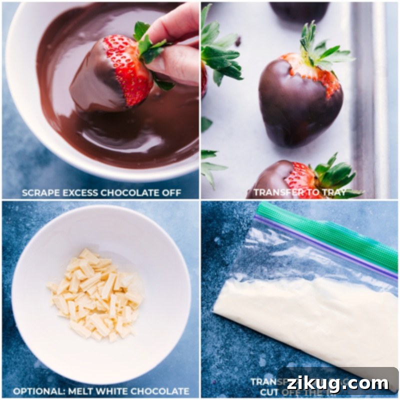 Process shots demonstrating how to dip strawberries in melted chocolate and then prepare white chocolate for drizzling as a decorative finish.