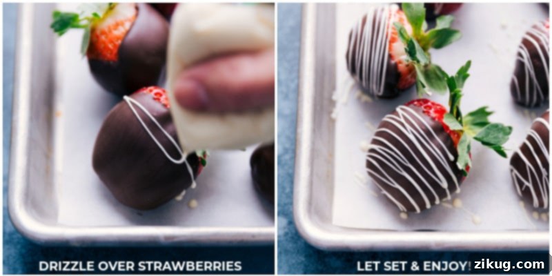 Process shots of white chocolate being artfully drizzled over dark chocolate covered strawberries, adding an elegant decorative touch.
