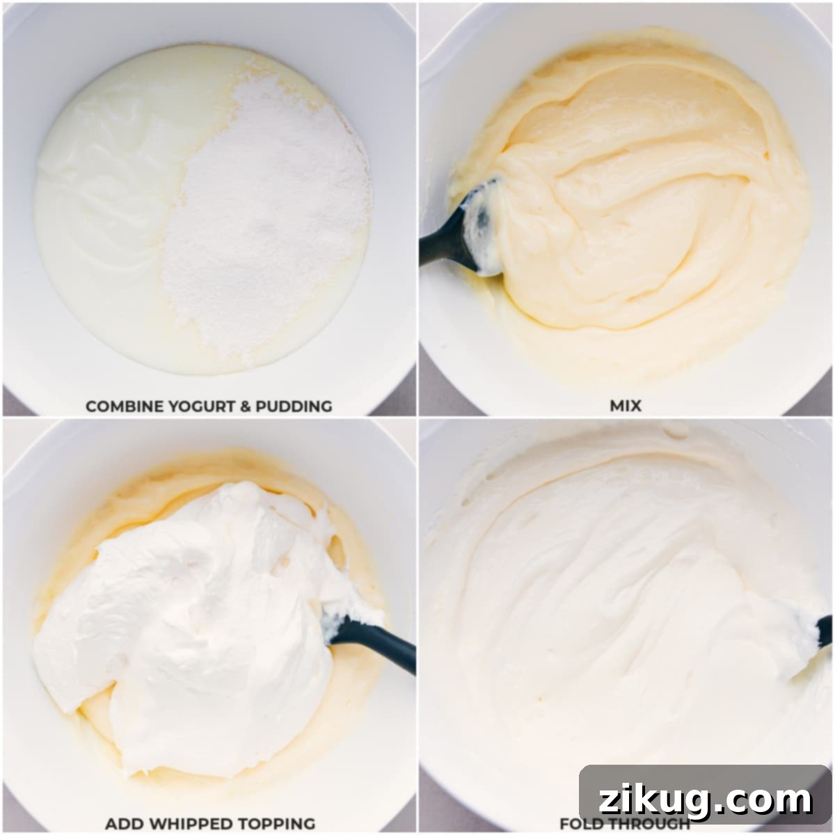 Step-by-step image showcasing the final toss of fruits with the creamy dressing for the Berry Cheesecake Salad.