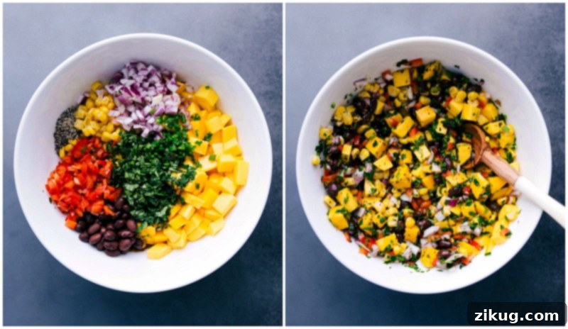 Preparing Mango Salsa: Mixing Ingredients Combining all the fresh ingredients for mango salsa in a bowl and mixing them together.