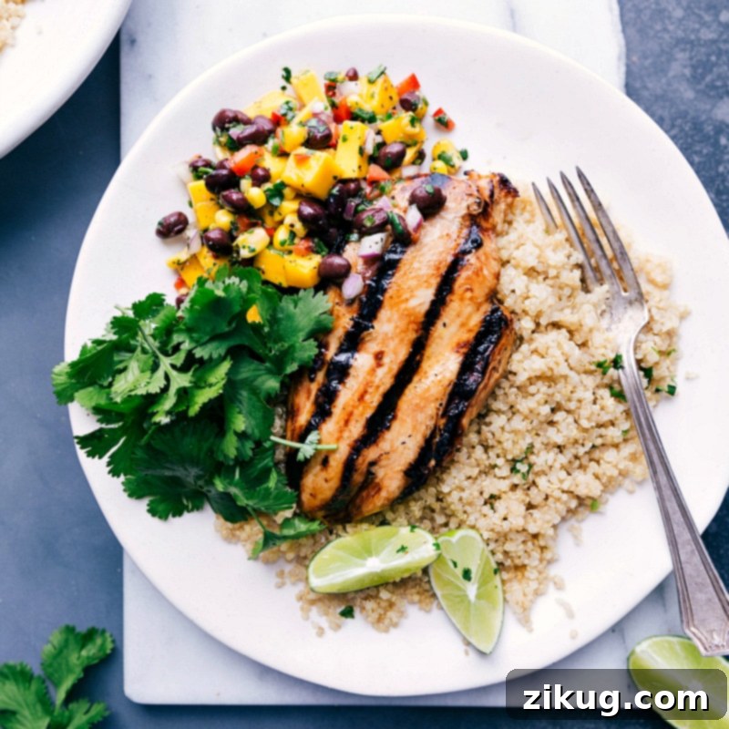 Savory Chicken Quinoa Bowl with Mango Salsa and Rice A delightful chicken quinoa bowl with mango salsa and rice, ready to be enjoyed.