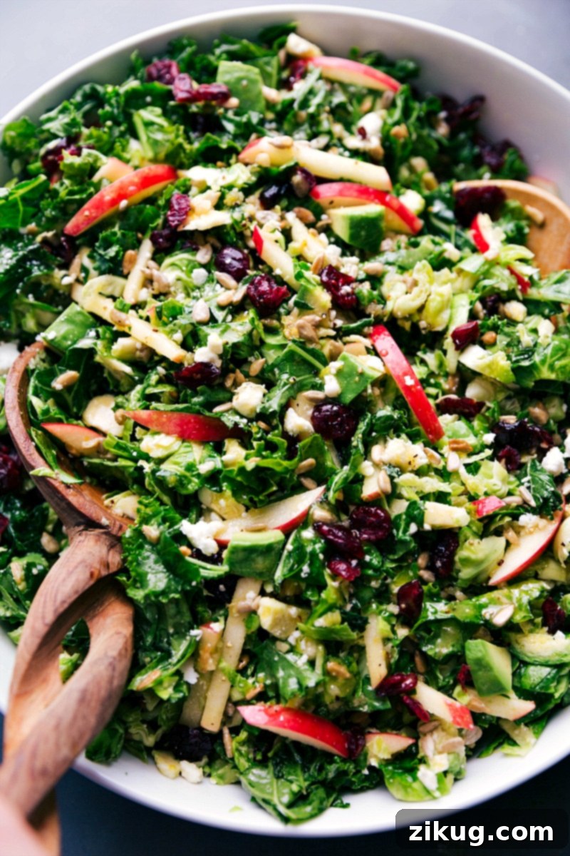 A perfectly tossed Brussels sprouts salad in a serving bowl, showcasing its diverse and colorful ingredients like shredded sprouts, kale, apples, cranberries, sunflower seeds, and feta cheese, ready to be enjoyed. The salad looks delicious and nutritious.