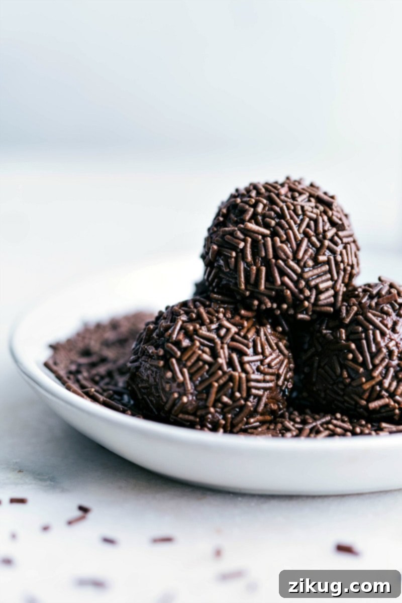 Ultra-chocolatey and fudgy Brigadeiros, a classic Brazilian delight Ready-to-eat chocolate sprinkle-covered Brigadeiros arranged beautifully.