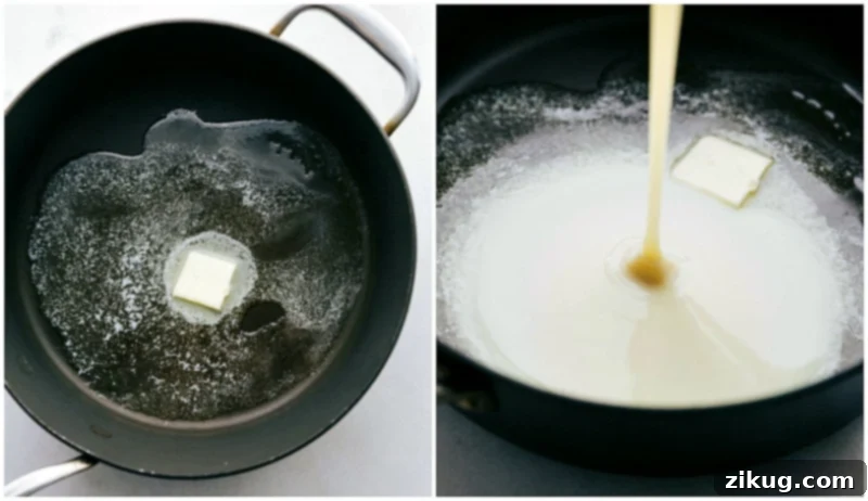 Preparing the base for ultra-chocolatey and fudgy Brigadeiros Melting butter and adding sweetened condensed milk into a pot for Brigadeiro mixture.