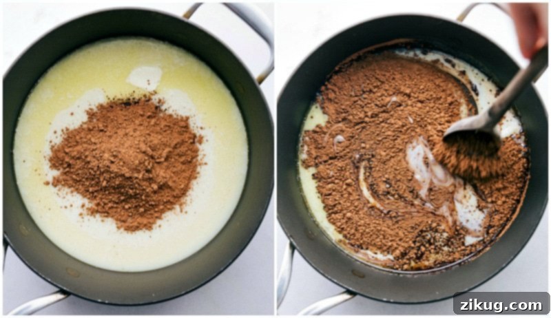 Mixing ingredients for perfect fudgy Brigadeiros Adding cocoa powder to the butter and condensed milk mixture, stirring to combine thoroughly.