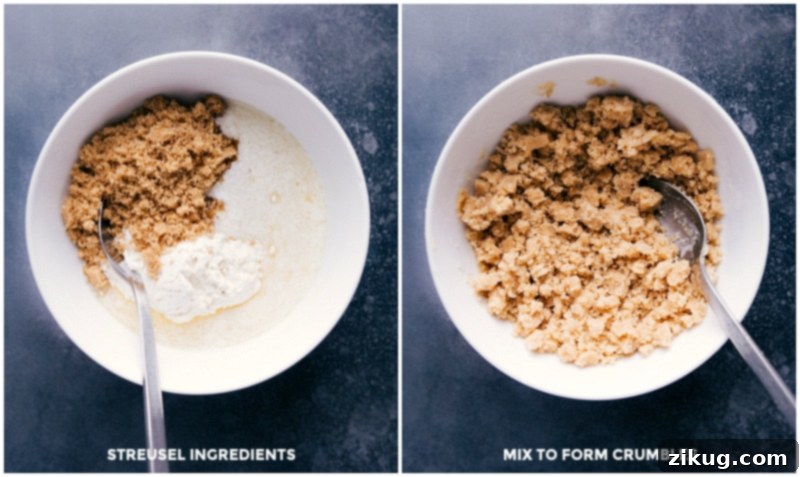 Achieve the perfect crumbly streusel topping for your Blueberry Coffee Cake. This image shows the ingredients combined into delicious clumps, ready for baking. #streusel #coffeecaketopping #bakingtips A step-by-step image showing how to prepare the streusel topping for blueberry coffee cake, both before and after mixing.