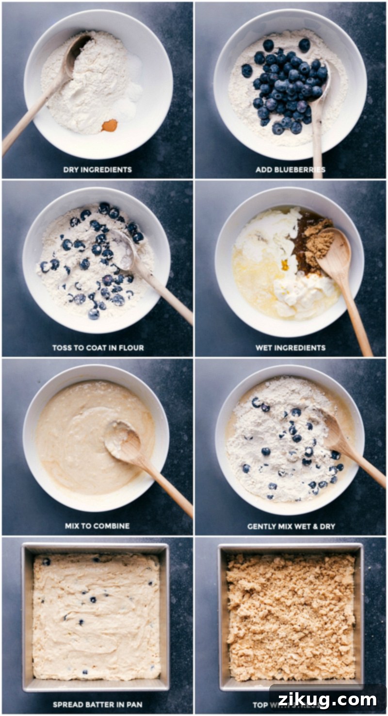 Follow these easy steps to bake the best ever Blueberry Coffee Cake with a hint of lemon and a sweet streusel topping, finished with a simple lemon glaze. #bakingsteps #coffeecakerecipe #blueberrydessert A collage of images illustrating the key steps to prepare a delicious Blueberry Coffee Cake, from mixing ingredients to adding the streusel.