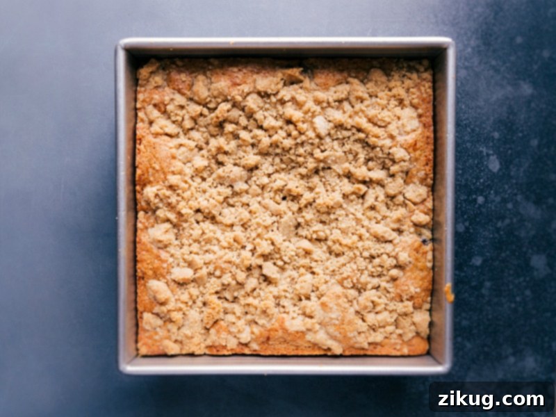 The exquisite streusel-topped Blueberry Coffee Cake, baked to perfection with a hint of lemon, awaiting its final lemon glaze. This is the ultimate delightful treat! #bakedgoods #coffeecake #blueberrydessert #streuseltopping An overhead view of a freshly baked Blueberry Coffee Cake, with its golden-brown streusel topping, before the lemon glaze is added.