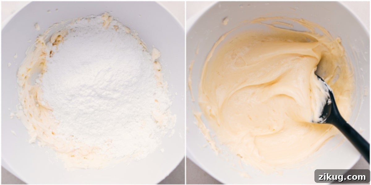 The process of making the best cream cheese frosting by mixing all the ingredients together until smooth and creamy.