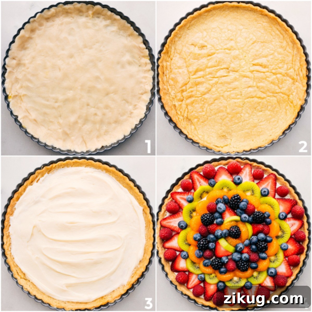 The delicious process of assembling this fruit pizza recipe: first, bake the sweet sugar cookie crust, then spread the silky cream cheese frosting, and finally, pile high with an assortment of vibrant, fresh fruits for a truly spectacular dessert.