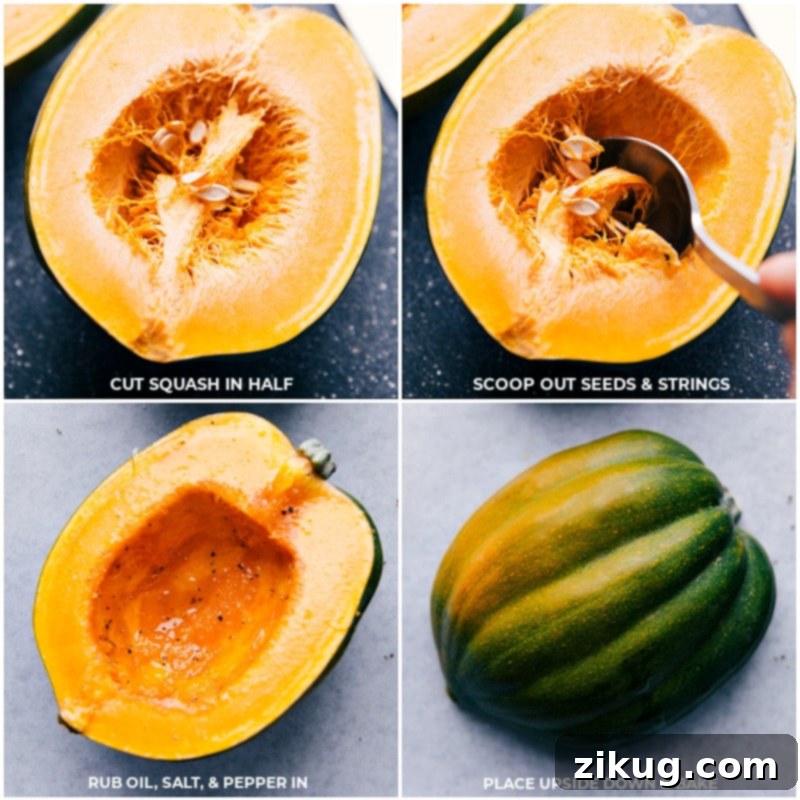 This delicious Stuffed Acorn Squash starts with perfectly roasted and slightly caramelized acorn squash which gets loaded up with seasoned wild rice, tender sweet potatoes, crisp green apples, and more! This is nutritious warming comfort food at its best! Recipe via ChelseasMessyApron #dinner #fall #quick #easy #simple #clean #best #sweetpotato #stuffed #acornsquash Process shots showing how to prepare acorn squash: cut in half, scoop out seeds, rub with oil, salt and pepper, place cut-side down and bake.