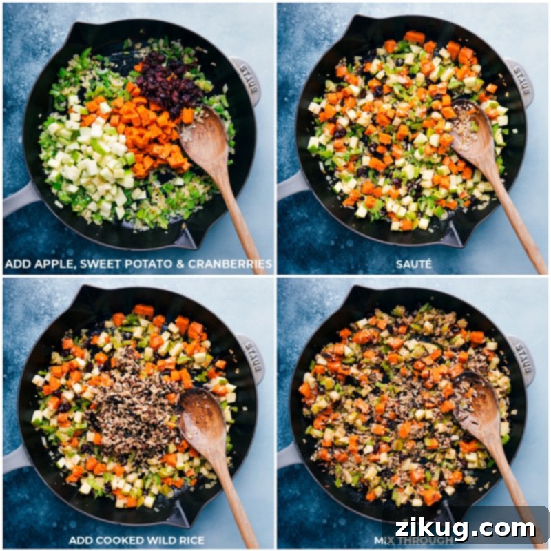 Stuffed Acorn Squash! This is nutritious warming comfort food at its best! Recipe via ChelseasMessyApron #dinner #fall #quick #easy #simple #cleaneating #best #sweetpotato #stuffed #acornsquash Process shots showing filling ingredients in a pan, then adding cooked wild rice and mixing well to simmer.