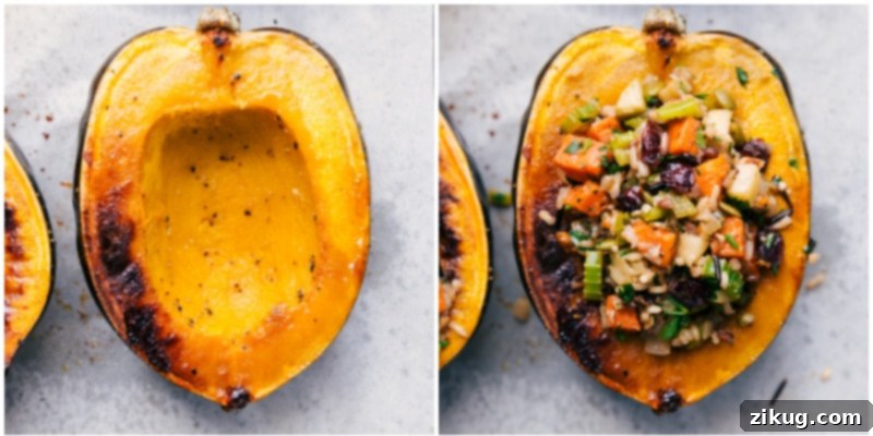 We're obsessed with this Stuffed Acorn Squash! It This delicious dinner starts with perfectly roasted and slightly caramelized acorn squash which gets loaded up with seasoned wild rice, tender sweet potatoes, crisp green apples, and more! This is nutritious warming comfort food at its best! Recipe via ChelseasMessyApron #dinner #fall #quick #easy #simple #clean #best #sweetpotato #stuffed #acornsquash Process shots showing roasted acorn squash halves before stuffing, and then filled with the delicious stuffing.