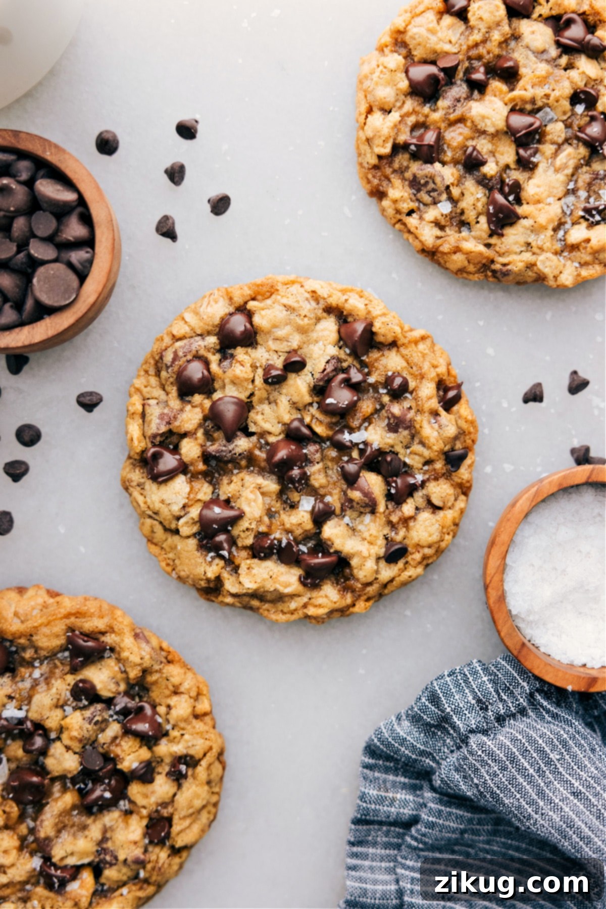 Small Batch Oatmeal Chocolate Chip Cookies Recipe Small Batch Oatmeal Cookies with flaky sea salt on top.