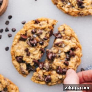 Quick Fix Oatmeal Cookies 2 The small batch of chocolate chip cookies with one cookie broken open.