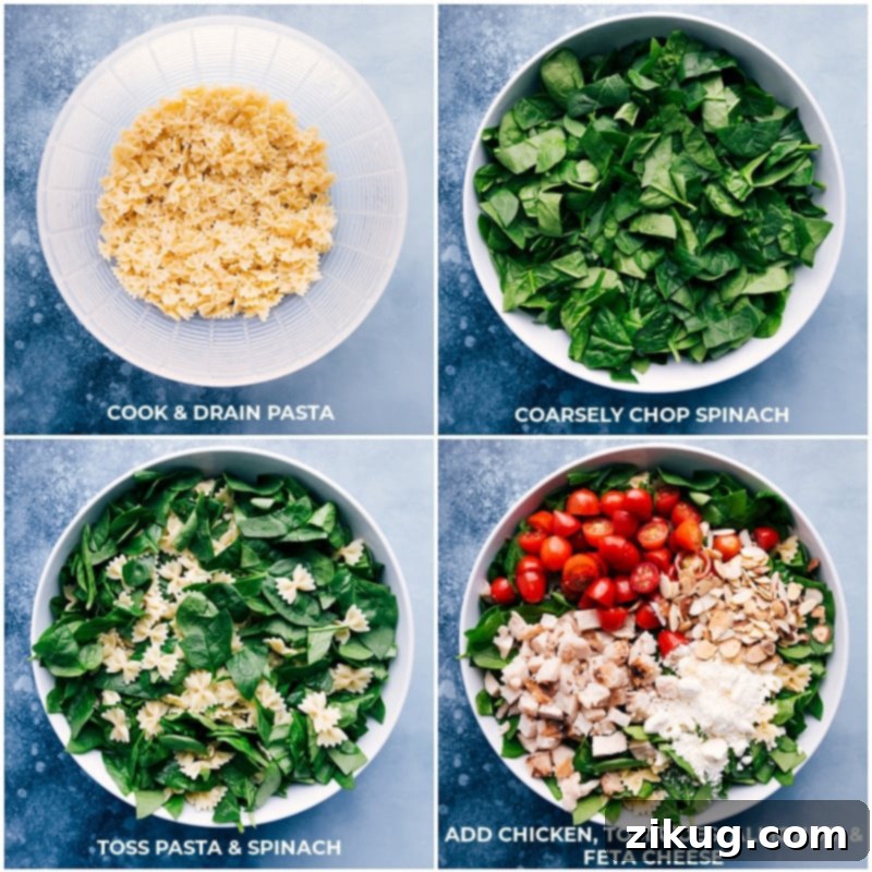 Making Chicken Pasta Salad: combining rotisserie chicken, mini bowtie pasta, and fresh veggies for a delightful meal. Process shots showing bowtie pasta being cooked and drained, spinach chopped, and chicken, tomatoes, almonds, and feta cheese being added to the salad bowl.