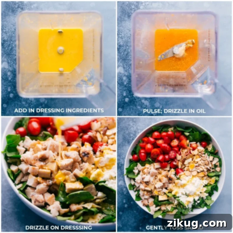 Combine an amazing fruity citrus vinaigrette with rotisserie chicken, chopped veggies and pasta for a delicious Chicken Pasta Salad. Recipe via ChelseasMessyApron. Chicken Pasta Salad: Close-up image of the dressing ingredients being combined in a blender.