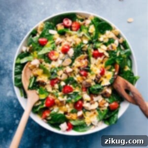 Vibrant Chicken Spinach Pasta Medley 2 Chicken Spinach Pasta Salad with all ingredients combined in a bowl.