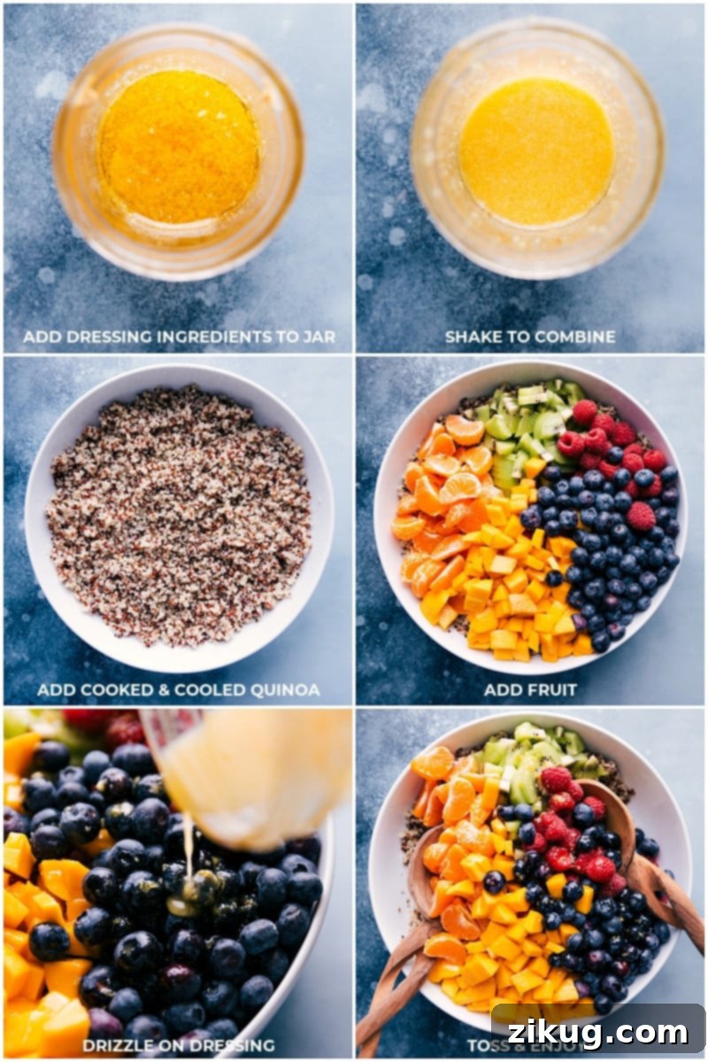 This Fresh and Lively Quinoa Fruit Salad Comes Together Easily A visual collage showing the preparation of Quinoa Fruit Salad: making the dressing, adding quinoa to a bowl, and topping with various fresh fruits.