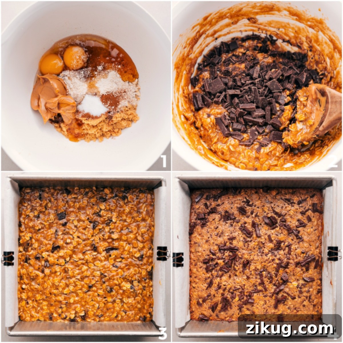 The step-by-step process of making oatmeal breakfast bars: ingredients mixed in a bowl, batter spread evenly in a pan, and the finished, golden-brown bars baked to perfection.