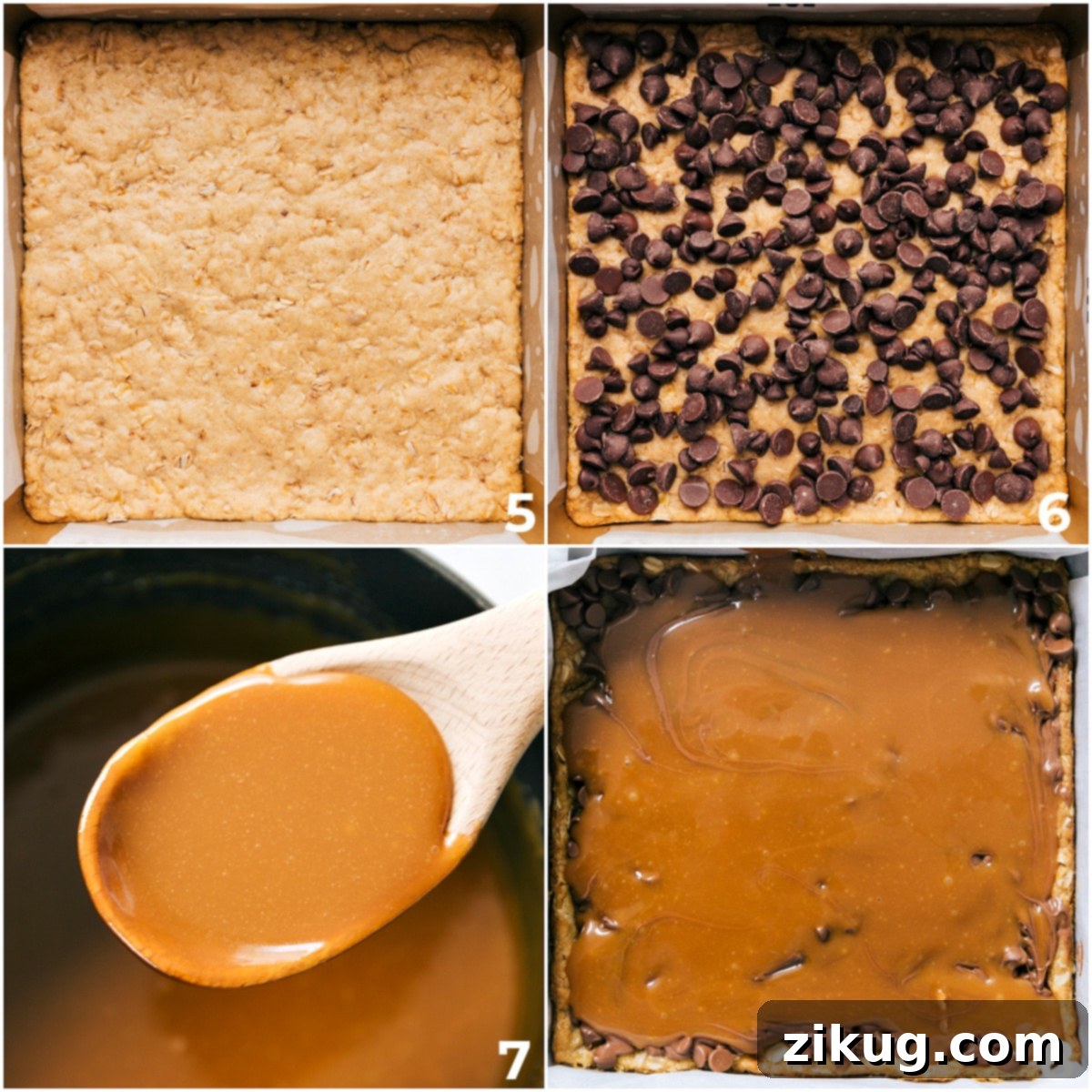 Carmelitas My Favorite Dessert 4 The process of adding chocolate chips and the gooey caramel layer onto the par-baked oatmeal base of Carmelitas.