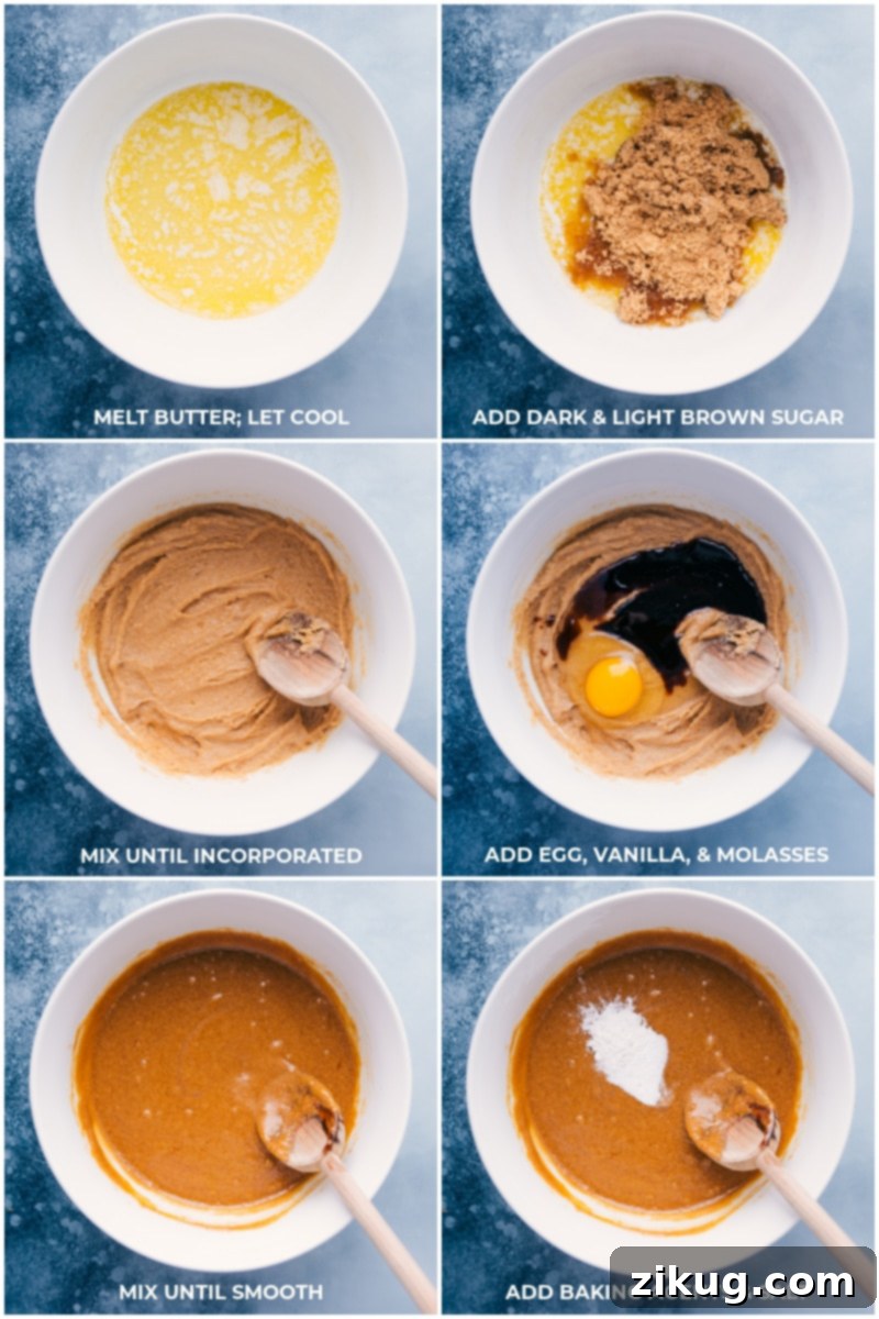 Process shots: mixing together butter and sugars then adding egg, vanilla, molasses, and baking agents and mixing it all together