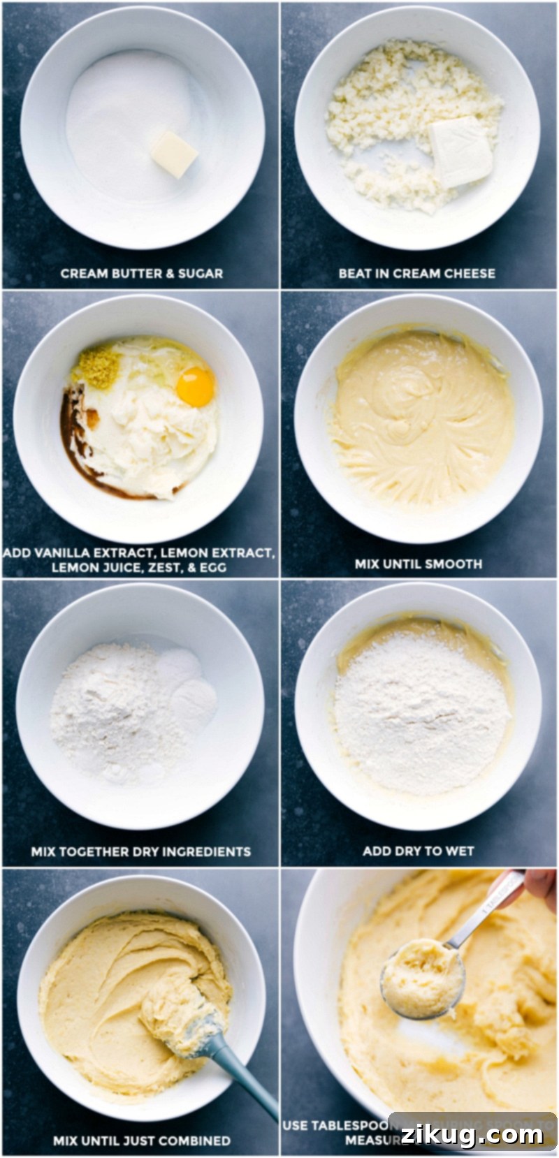 Making Lemon Cheesecake Cookies: Mixing Ingredients and Measuring Dough Creaming butter and sugar, beating in cream cheese, adding vanilla, zest, and egg, mixing until smooth, combining dry ingredients, adding to wet ingredients, and measuring out the dough with a tablespoon.