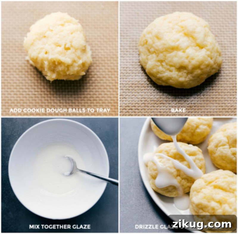 Baking Lemon Cheesecake Cookies and Drizzling Glaze Over the Cooled Cookies Adding cookie dough balls to a baking tray, baking them, mixing glaze, and drizzling it over cooled lemon cheesecake cookies.