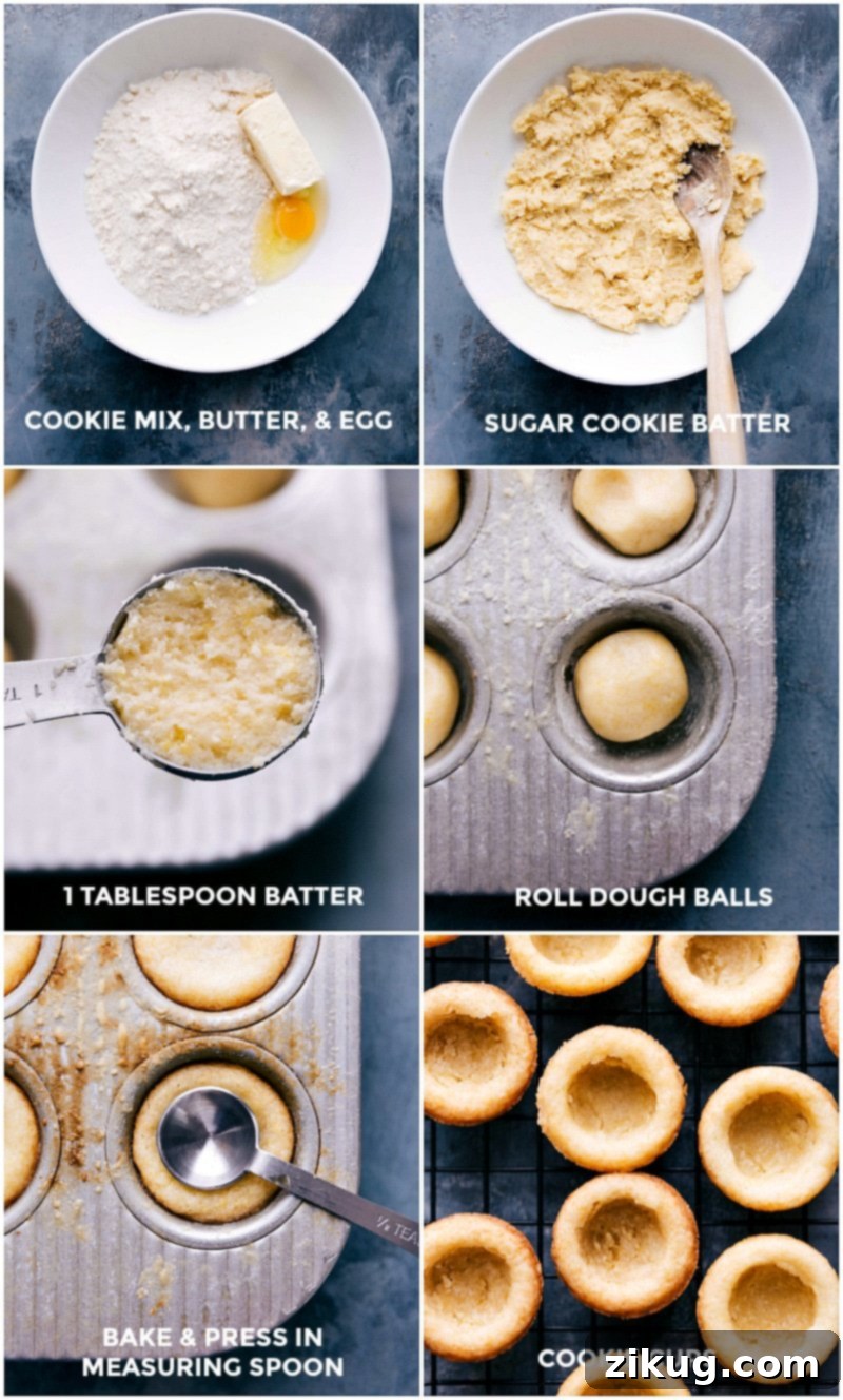 Preparing Sugar Cookie Dough Base in Mini Cupcake Pan for Ghost Cookies Sugar cookie dough being pressed into a mini cupcake pan to create the base for easy ghost cookies, ready for baking. This step is crucial for forming perfect cookie cups.
