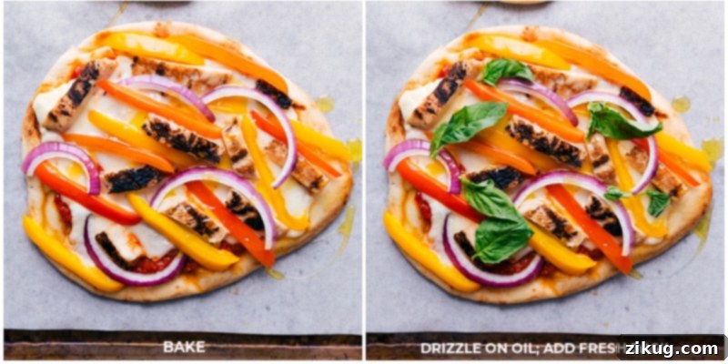 Flatbread pizza recipe, fully topped and baked to golden perfection with bubbly, melted cheese.