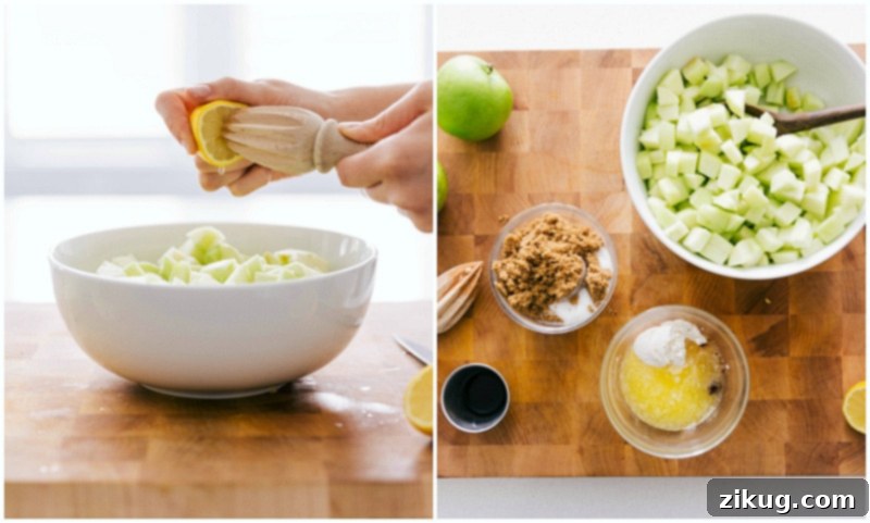 How To Prepare Apple Turnover Filling Fresh Granny Smith apples, peeled, cored, and diced into small, uniform pieces, ready for the delicious turnover filling.