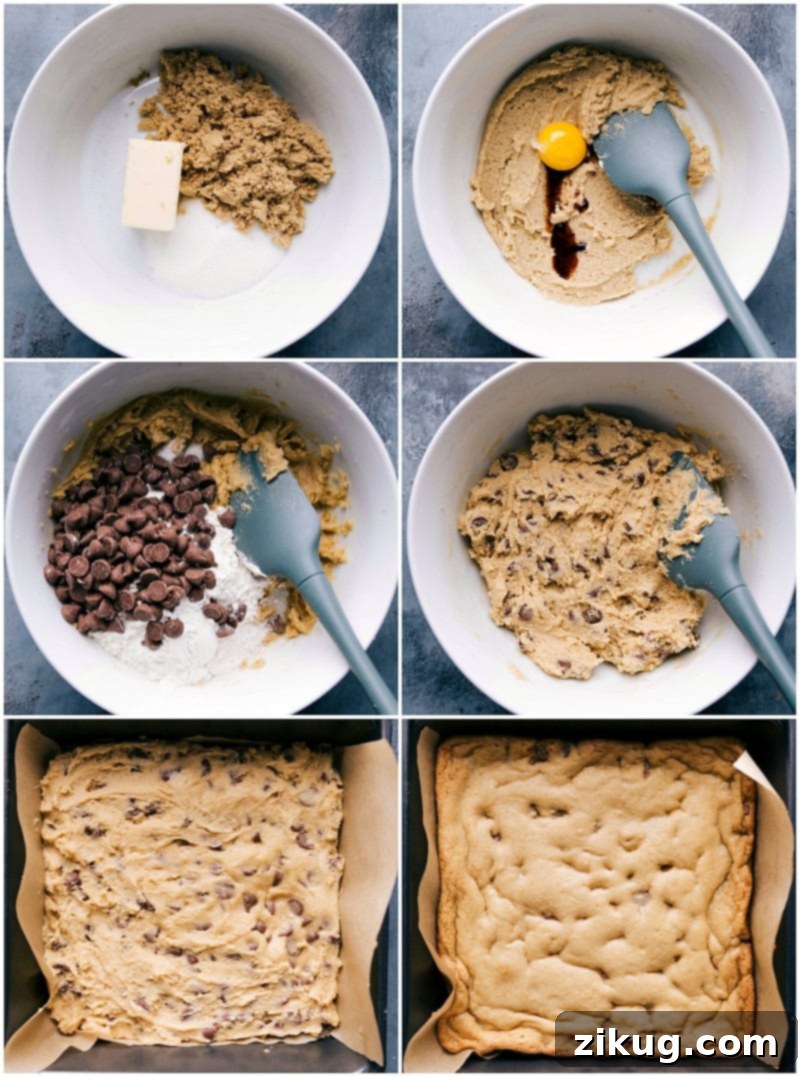 Step-by-step imagery showing the process of preparing the cookie base for Funfetti bars, from combining wet and dry ingredients in a mixer to pressing the dough evenly into a parchment-lined baking pan before baking.