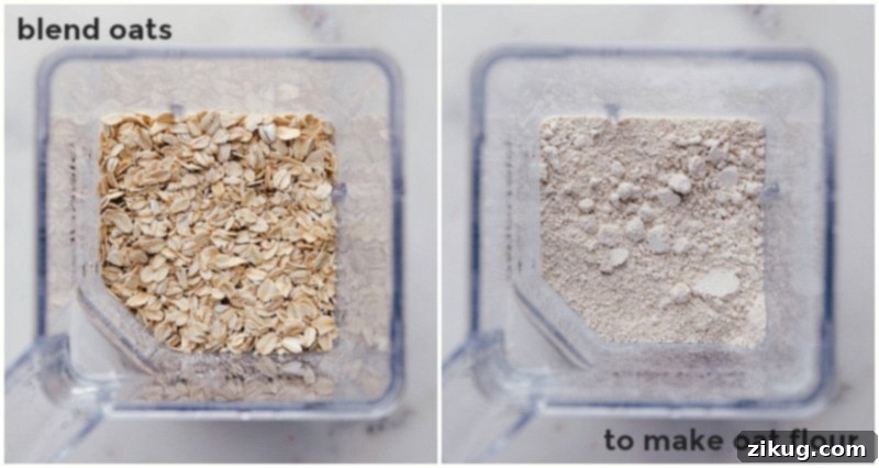 How to Make Oat Flour for Healthy Muffins Making oat flour by placing oats in the blender and processing them until they are pulverized into flour.