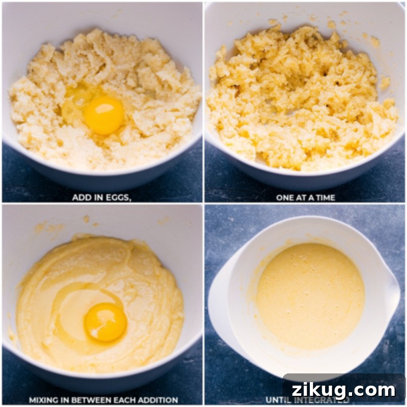 Lemon Curd is a delicious dessert spread and topping made with lemons, butter, sugar, and eggs. It's ideal for spreading on scones or biscuits, topping desserts with, or adding it to a stack of pancakes or crepes. While you can sometimes buy it from a store there is truly nothing like homemade lemon curd! Recipe via chelseasmessyapron #dessert #best #quick #easy #simple #citrus #breakfast #brunch #lemon #curd Process shots of Lemon Curd-- images of the eggs being added and mixed into the batter.