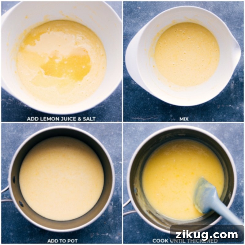 Lemon Curd is a delicious dessert spread! It's ideal for spreading on scones or biscuits, topping desserts with, or adding it to a stack of pancakes or crepes. While you can sometimes buy it from a store (near pie fillings or jams), there is truly nothing like homemade lemon curd! Recipe via chelseasmessyapron #dessert #best #quick #easy #simple #citrus #breakfast #brunch #lemon #curd Process shots-- images of the juice and salt being added to the pot and it all being mixed and thickened