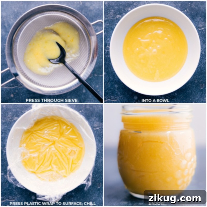 Lemon Curd is a delicious dessert spread and topping made with lemons, butter, sugar, and eggs. Recipe via chelseasmessyapron #dessert #best #quick #easy #simple #citrus #breakfast #brunch #lemon #curd Process shots-- images of the dessert being pushed through the sieve and then it all being chilled
