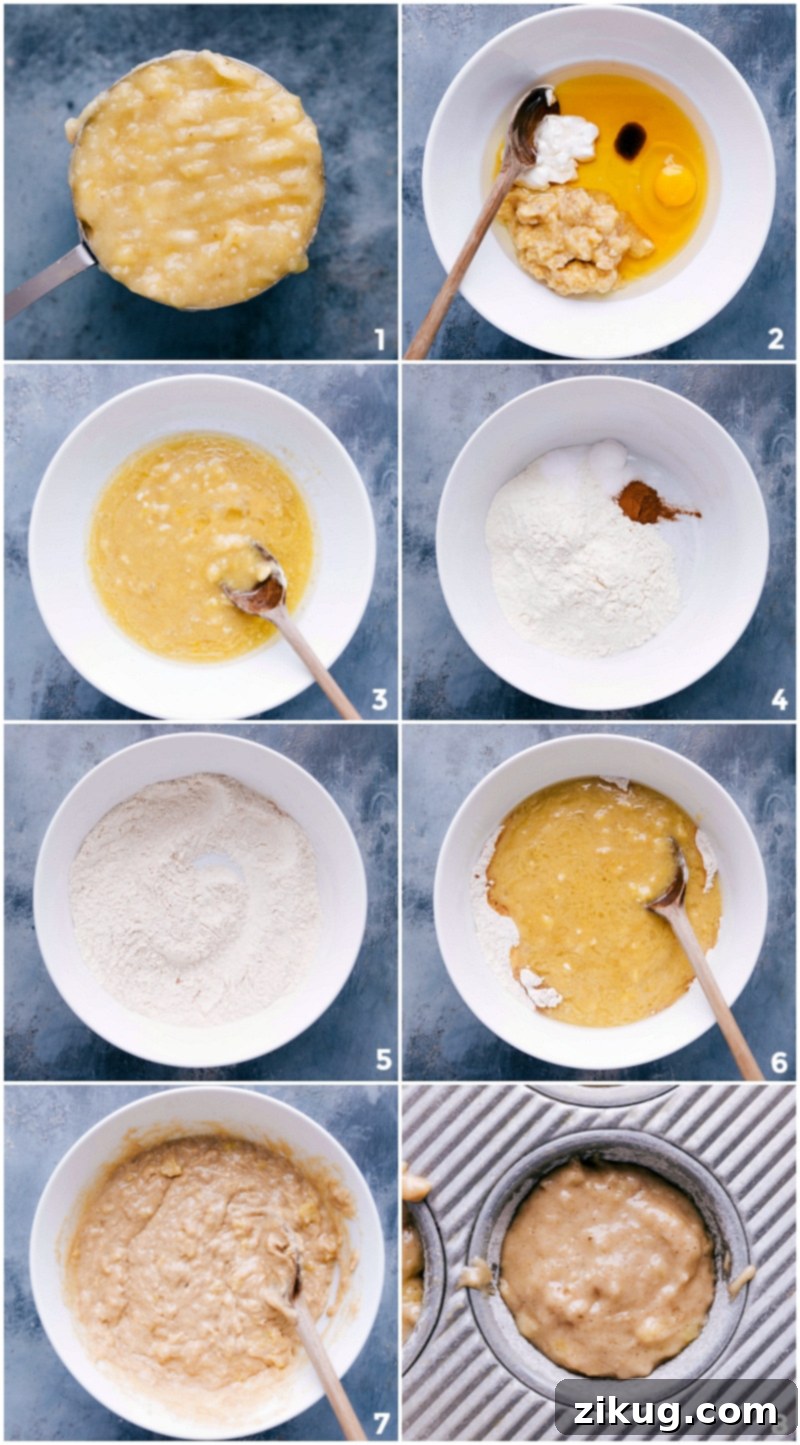 Crafting the Perfect Banana Crumb Muffin Batter: A Visual Journey to Deliciousness Step-by-step process of creating banana crumb muffin batter: mashing ripe bananas, mixing wet ingredients, and combining dry ingredients to form a smooth mixture.