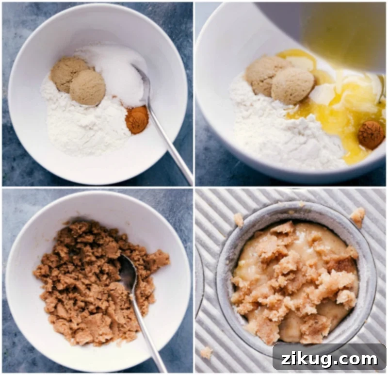 From Batter to Bliss: The Art of Making Perfect Banana Crumb Muffins The detailed process of mixing wet and dry ingredients, preparing the banana muffin crumb topping, and delicately adding the streusel to the muffin batter before baking to perfection.