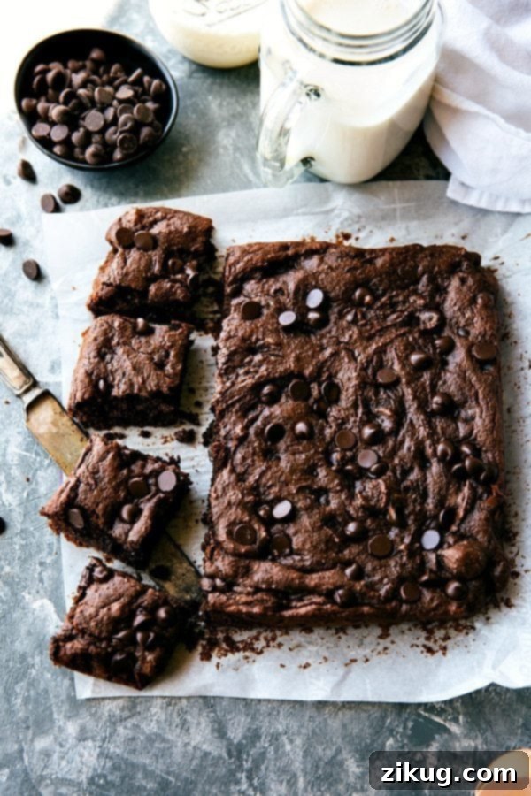 Discover these double-chocolate, super fudgy applesauce brownies – a delightful, healthy dessert made without oil, butter, or refined flour! This quick and easy recipe from Chelseasmessyapron is a best-in-class, better-for-you treat, proving that healthy can be incredibly delicious. Freshly baked Applesauce Brownies cooling in a pan, partially cut into perfect squares.