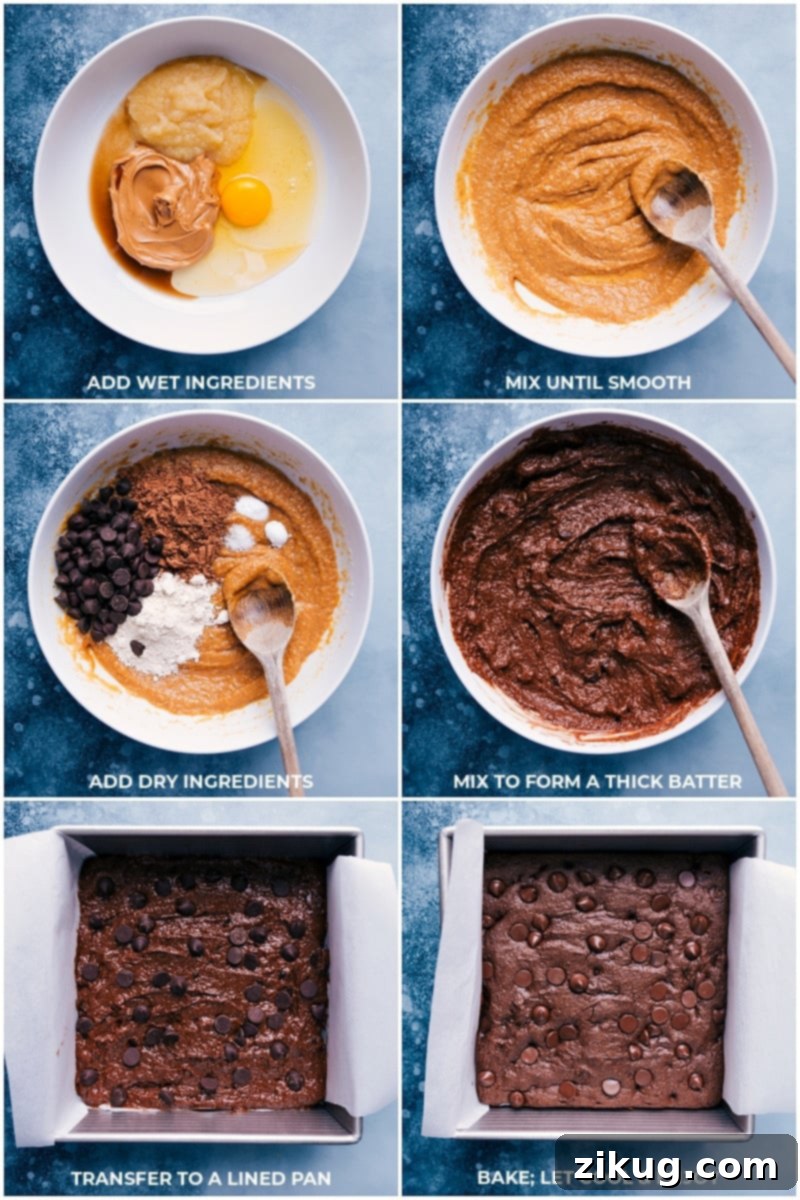 Follow these step-by-step process shots to create delicious applesauce brownies with no oil, butter, or flour! This recipe from Chelseasmessyapron ensures no weird veggies or beans, just pure brownie perfection. A healthy, quick, and easy dessert that's truly the best, and better for you. A collage of process shots showing the steps to make Applesauce Brownies: mixing ingredients in a bowl, transferring batter to a lined baking pan, and the baked brownies.